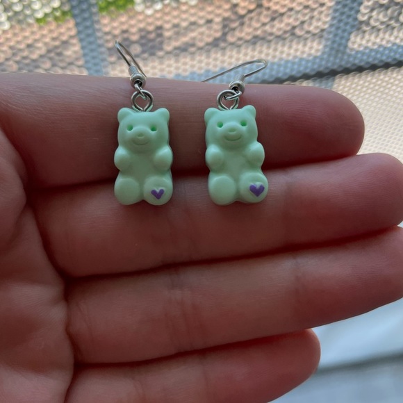 Green Teddy Bear Charm Earrings - Picture 4 of 4
